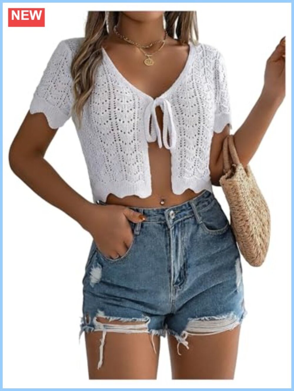 Crochet Cardigan Shrug Tie Front Short Sleeve Crop Sweater